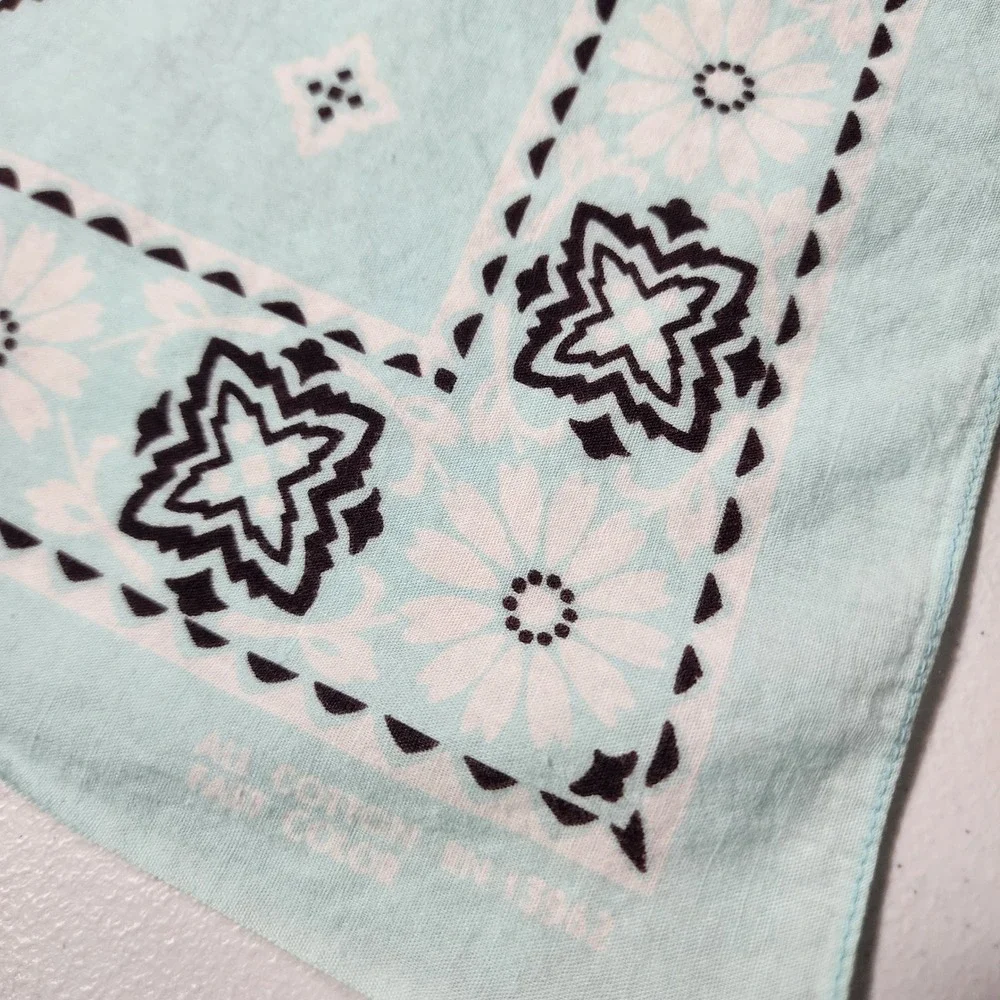 Vintage RN 13962 Light Teal Blue Cotton Floral Geometric Bandana Neckerchief